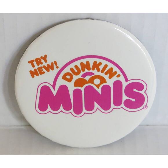 Vintage DUNKIN DONUTS Try New! Minis Pin Early 1990's 3 Inches White/Pink RARE - Picture 1 of 6